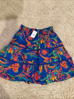 J. Crew Blue Floral Tiered Skirt with Multicolor Print